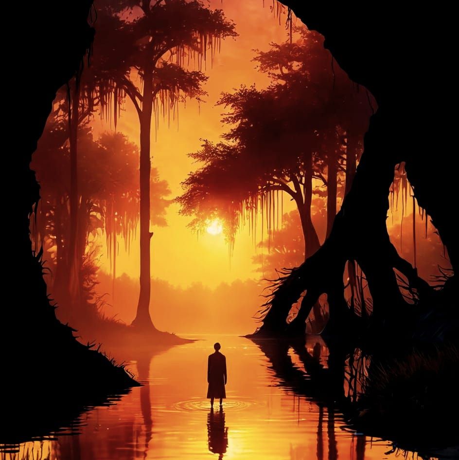 Mystical Figure at Dreamlike Lake in Surreal Oil Painting