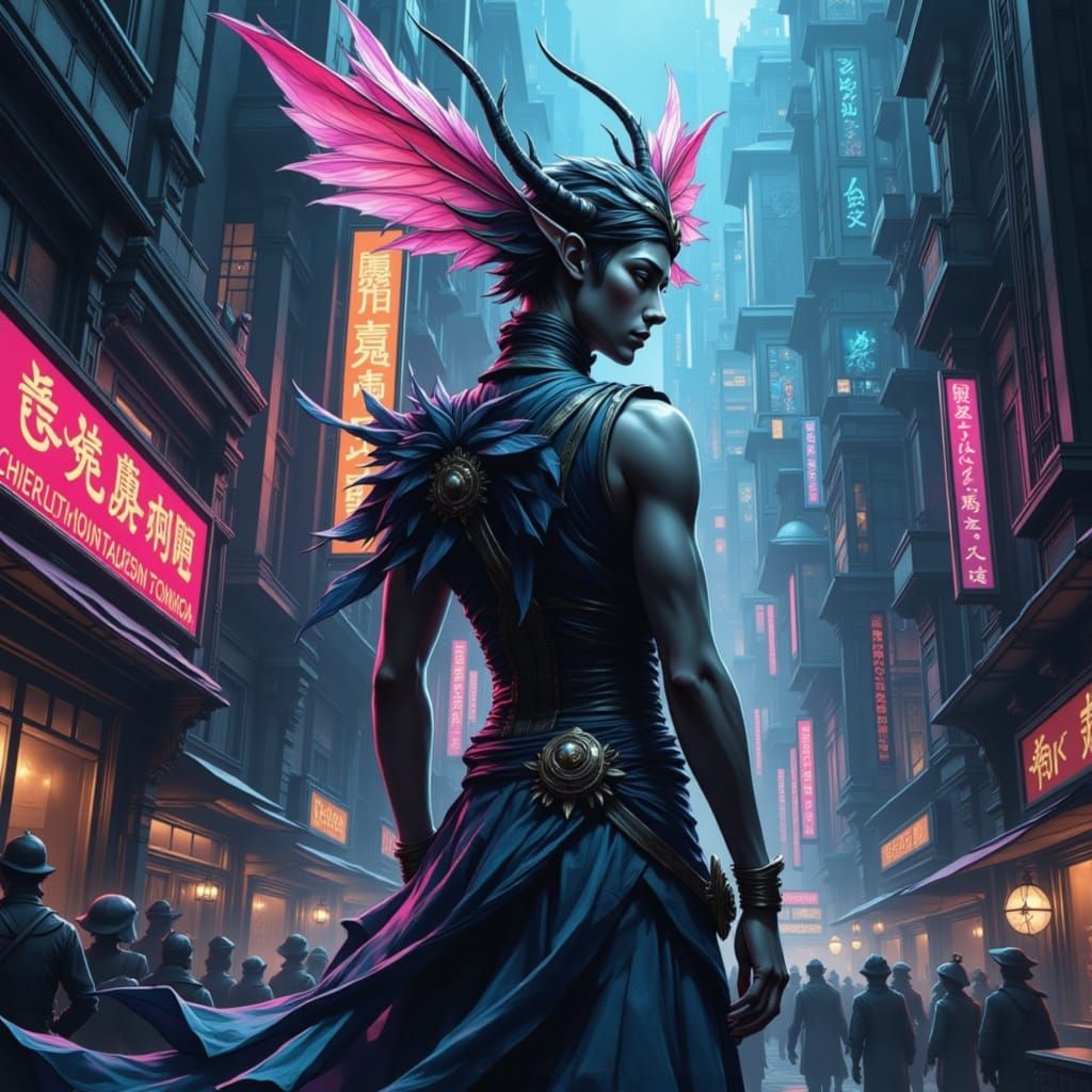 Glowing Fae in a Neon-Lit Cityscape