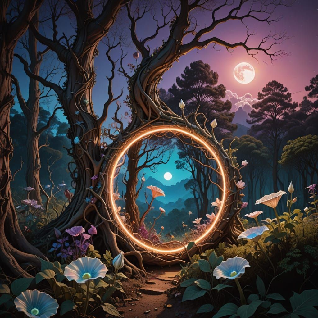 Surreal Blood Moon Illuminates Lush Forest in Dreamlike Fant...