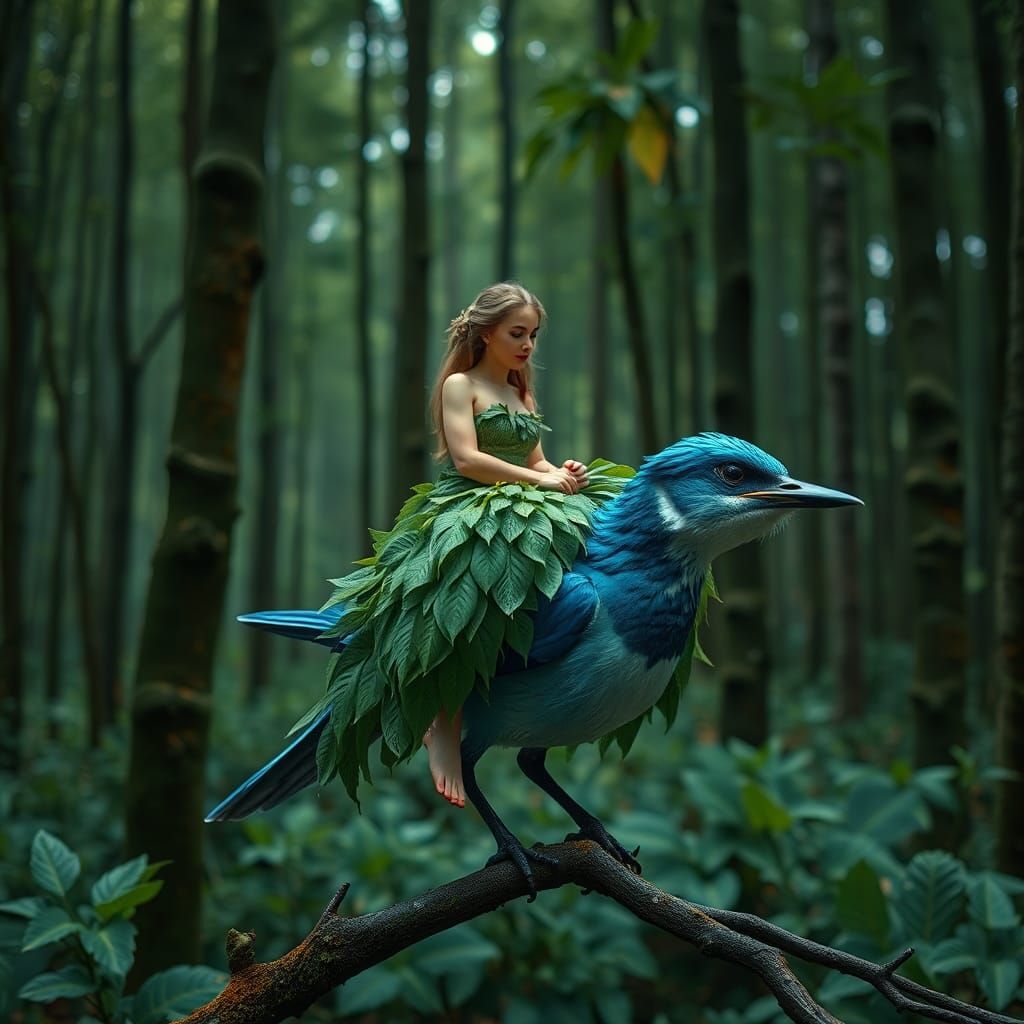 Woman Rides Blue Bird Through Forest
