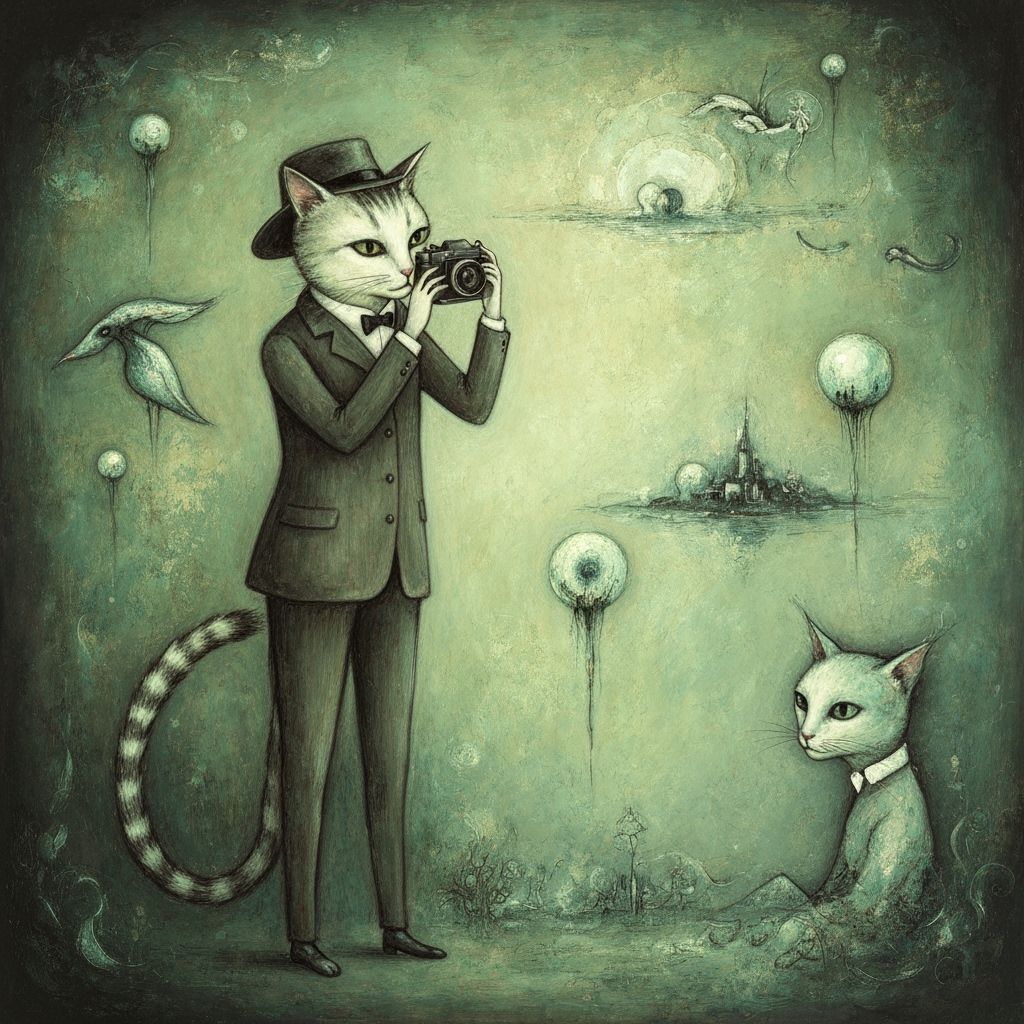 Cat Photographer in Surreal Dreamscape, Painting Style
