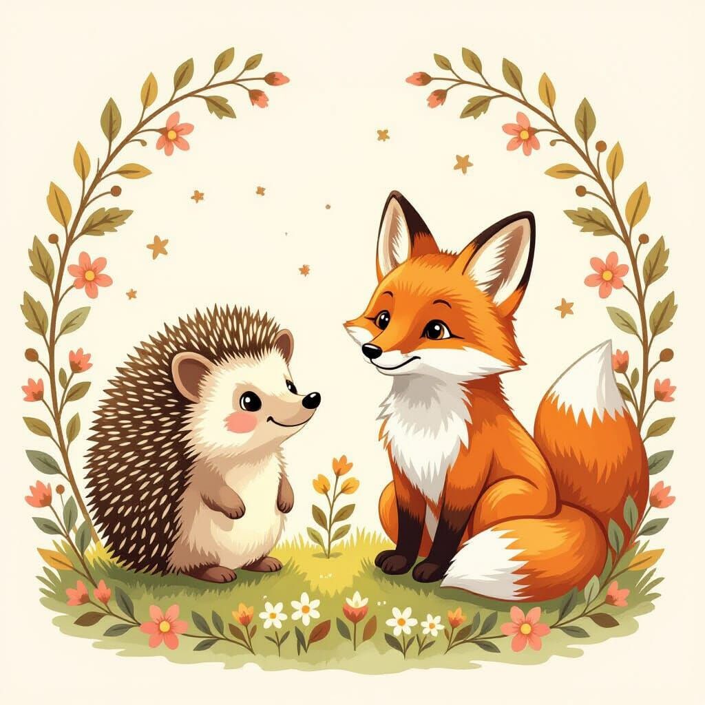 Hedgehog and Fox in Whimsical Storybook Style