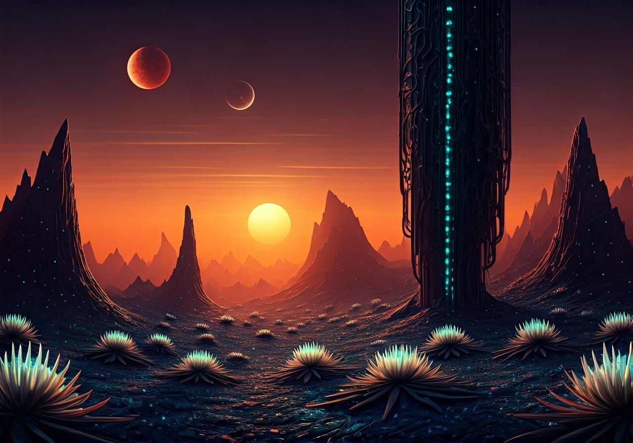 Surreal Alien Landscape with Dancing Orbs and Twisted Rock F...
