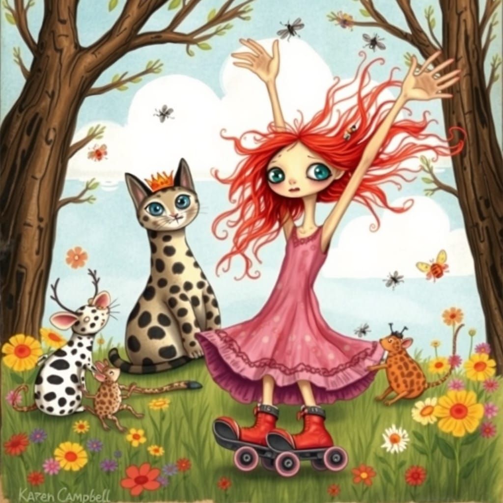 Quirky Girl Loses Balance in Whimsical Wildflower Meadow