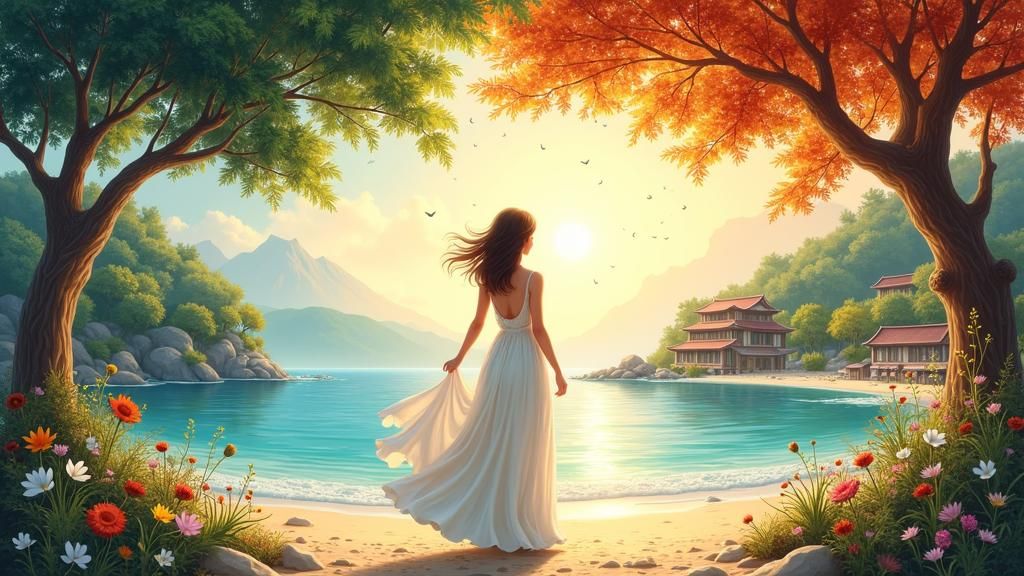 Woman Controlling Seasons in Symbolic Cycle