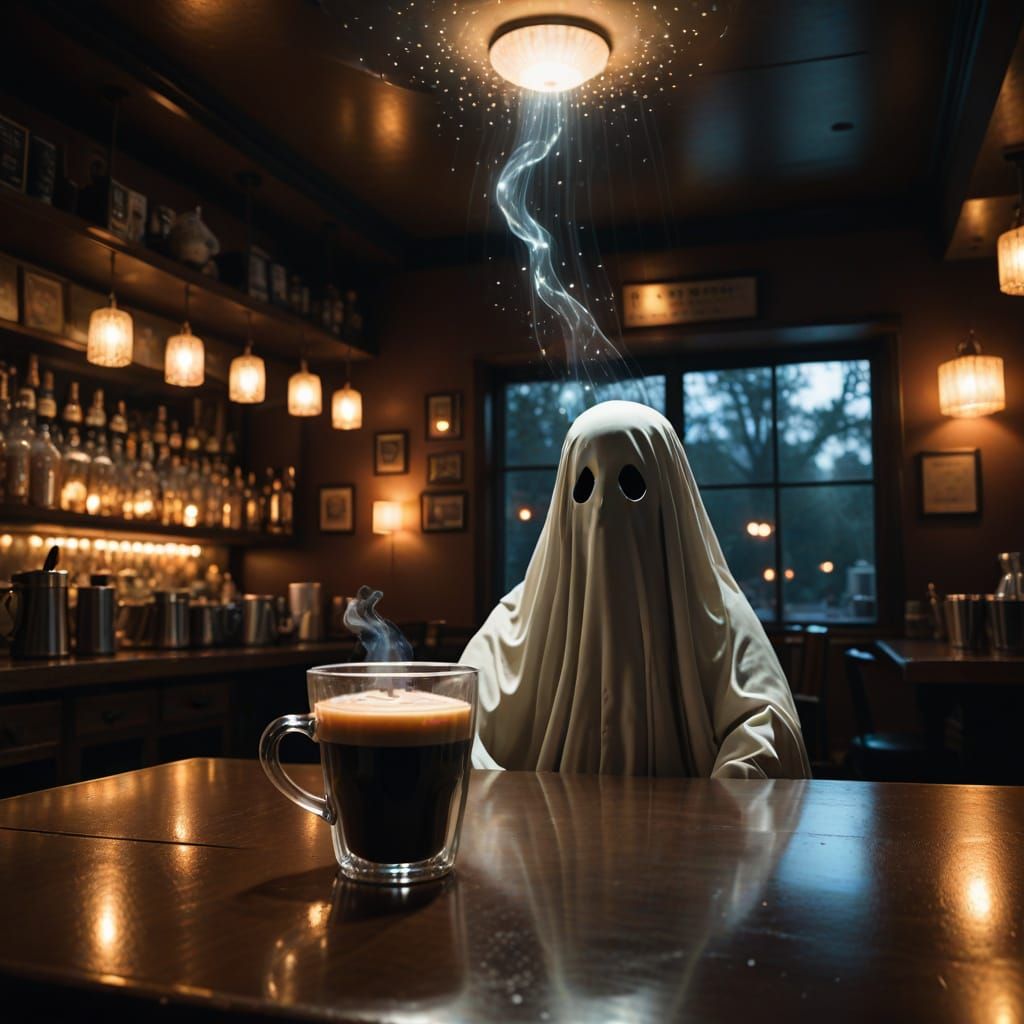 Ghostly Figure Watches Floating Coffee Cup in Eerie Bar