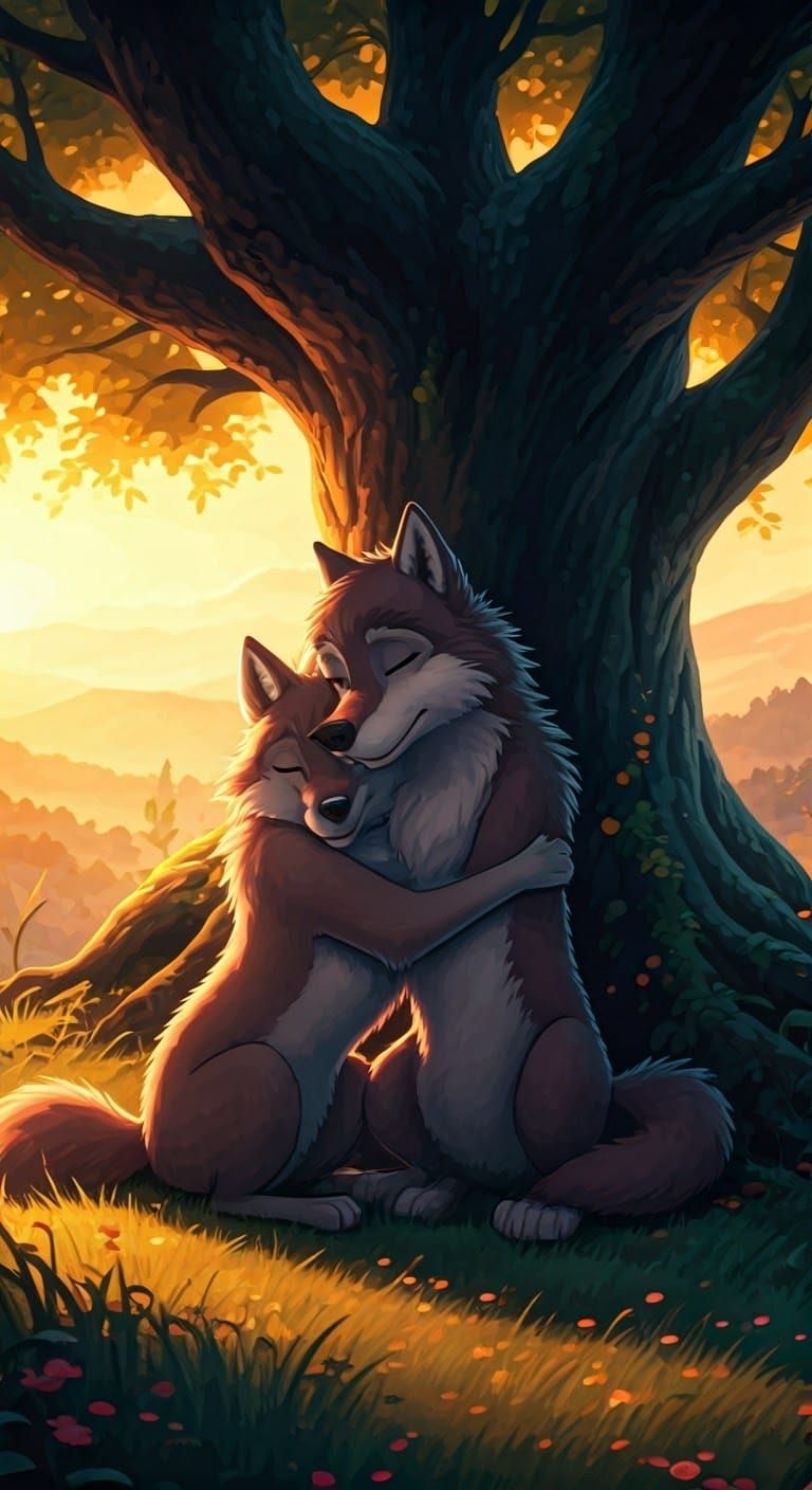 Wolf Couple Embrace in Dreamlike Animated Style