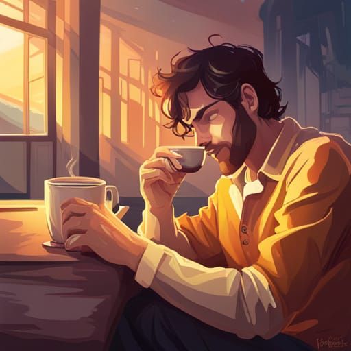 Man Enjoying Coffee at Sunrise: Hyperdetailed Portrait