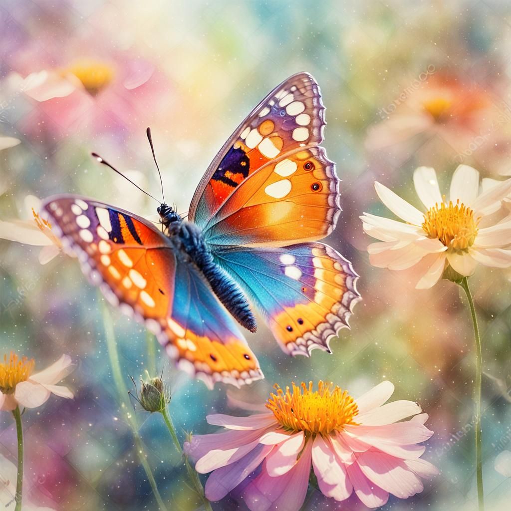 Butterfly on Flower in Impressionist Watercolor Style
