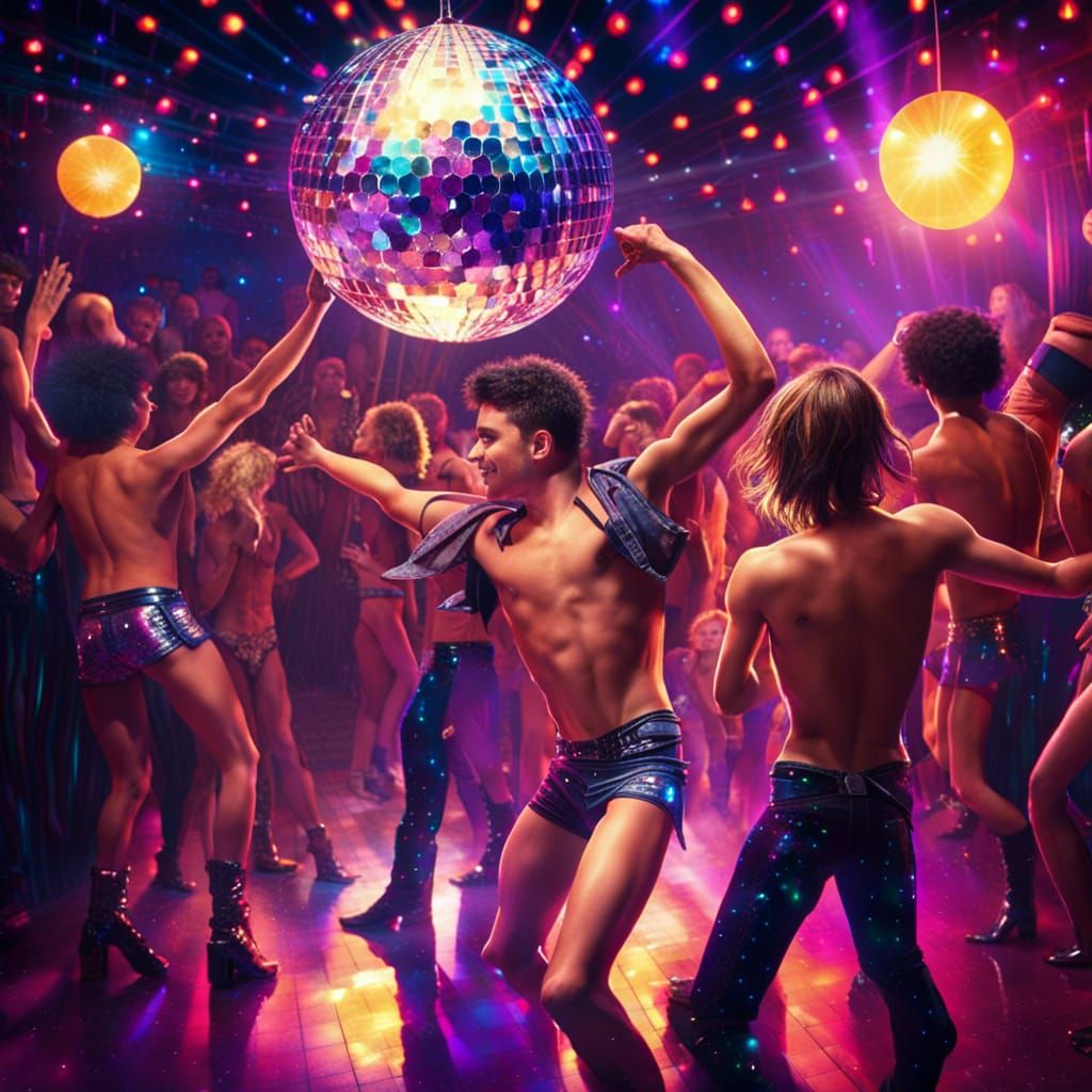 Shirtless Teens Dancing Under Disco Ball in Detailed Paintin...