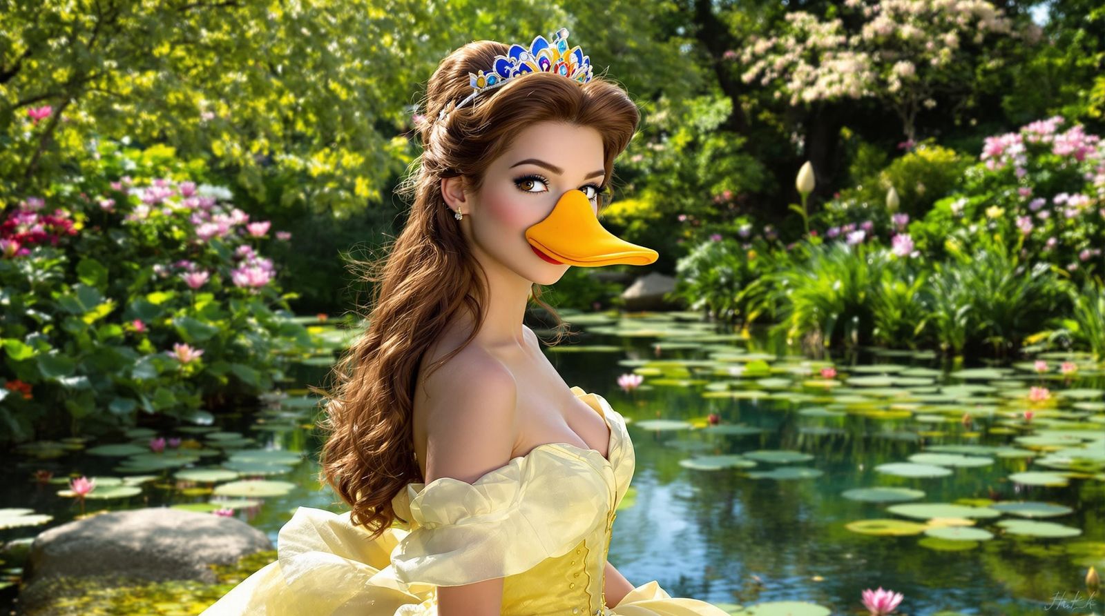 Princess Belle with a Duck Bill in a Sunny Pond Scene