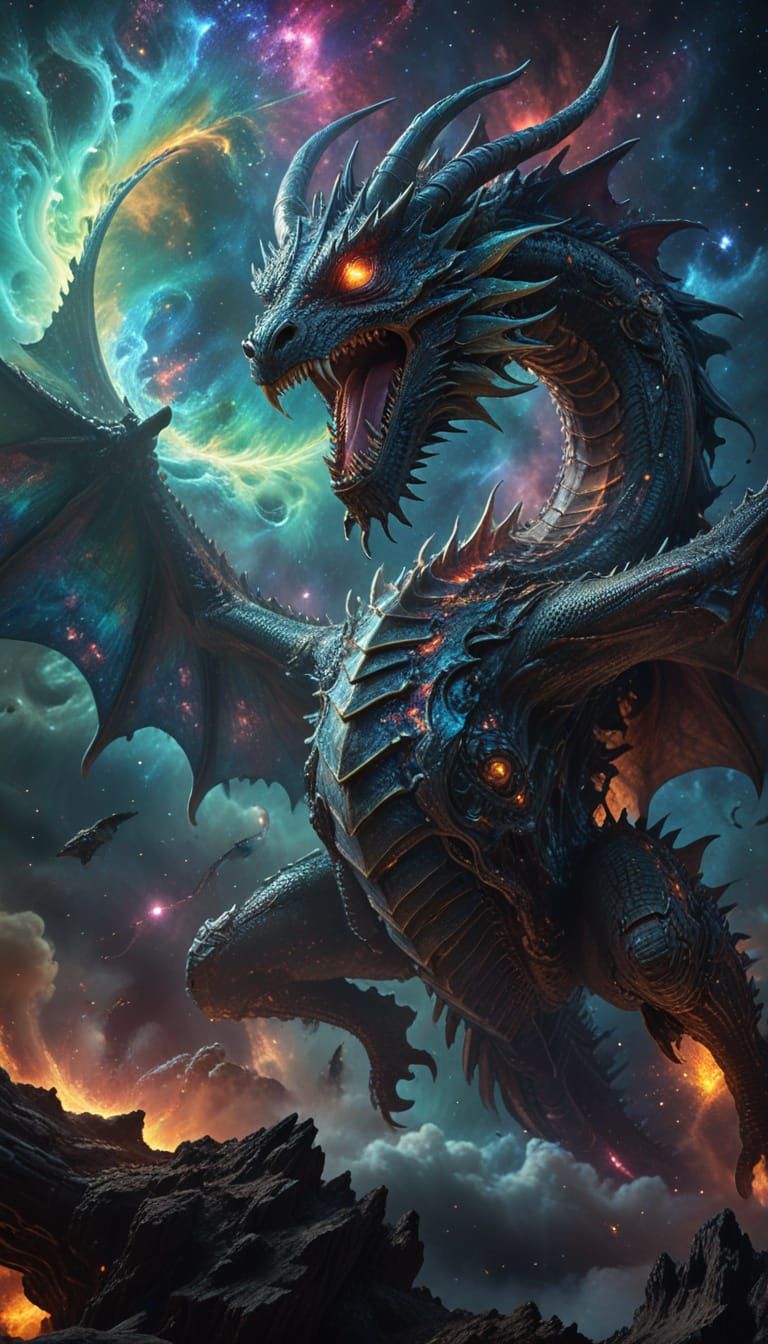 Celestial Dragon Soaring Through Nebula in Biomechanical Sur...