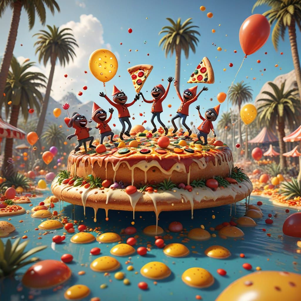 Pizza Topping Party on Floating Island: 3D Render