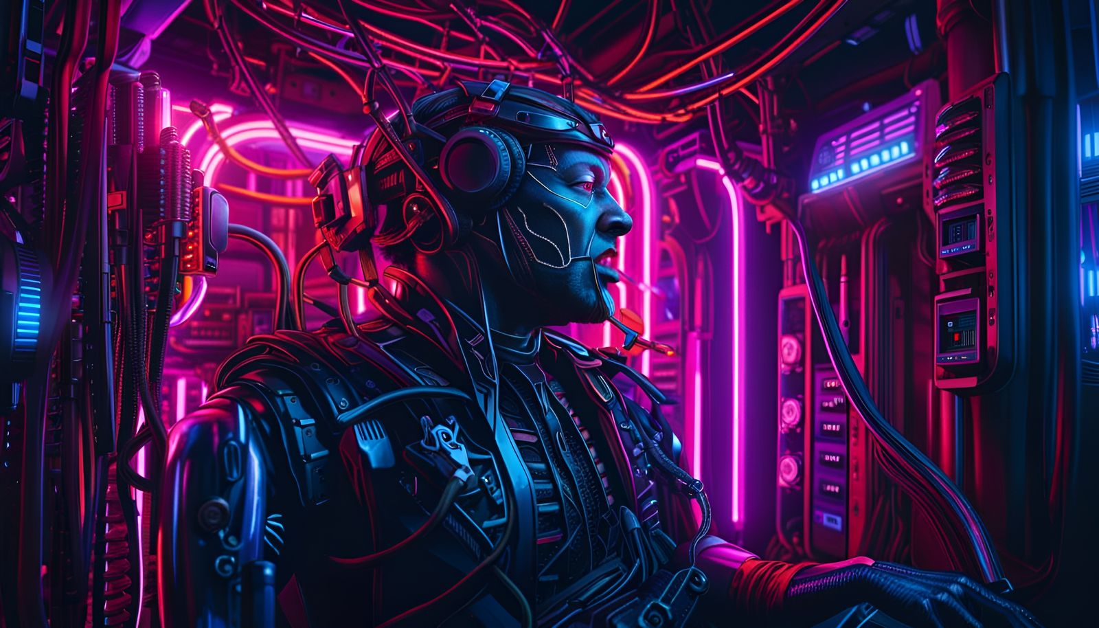 Cyberpunk God Trapped in Technology Machine