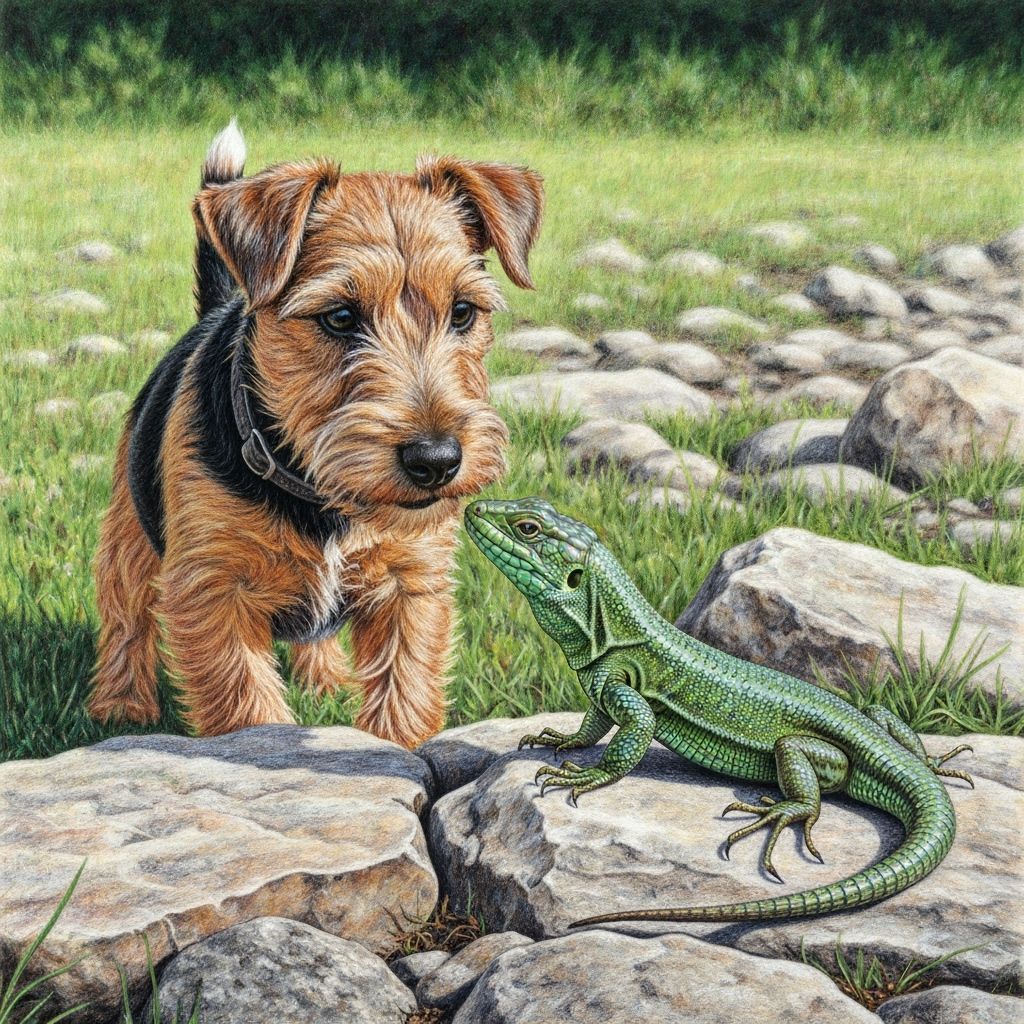 Terrier and Lizard Encounter, Colored Pencil Drawing
