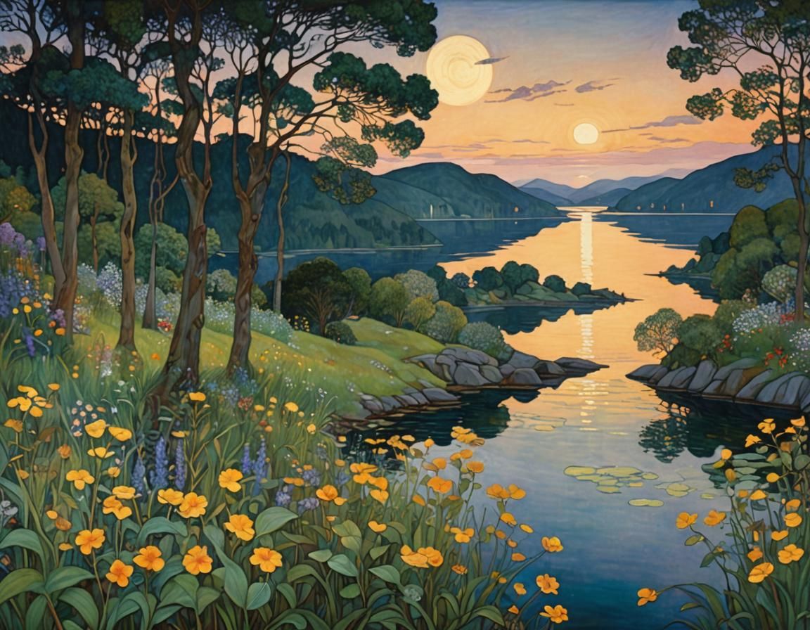 Swedish Lake at Midsummer in Art Nouveau Style