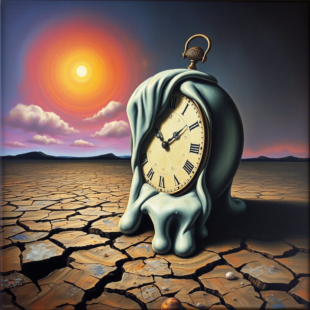 Melting Clock Surrealist Landscape in Dalí Style