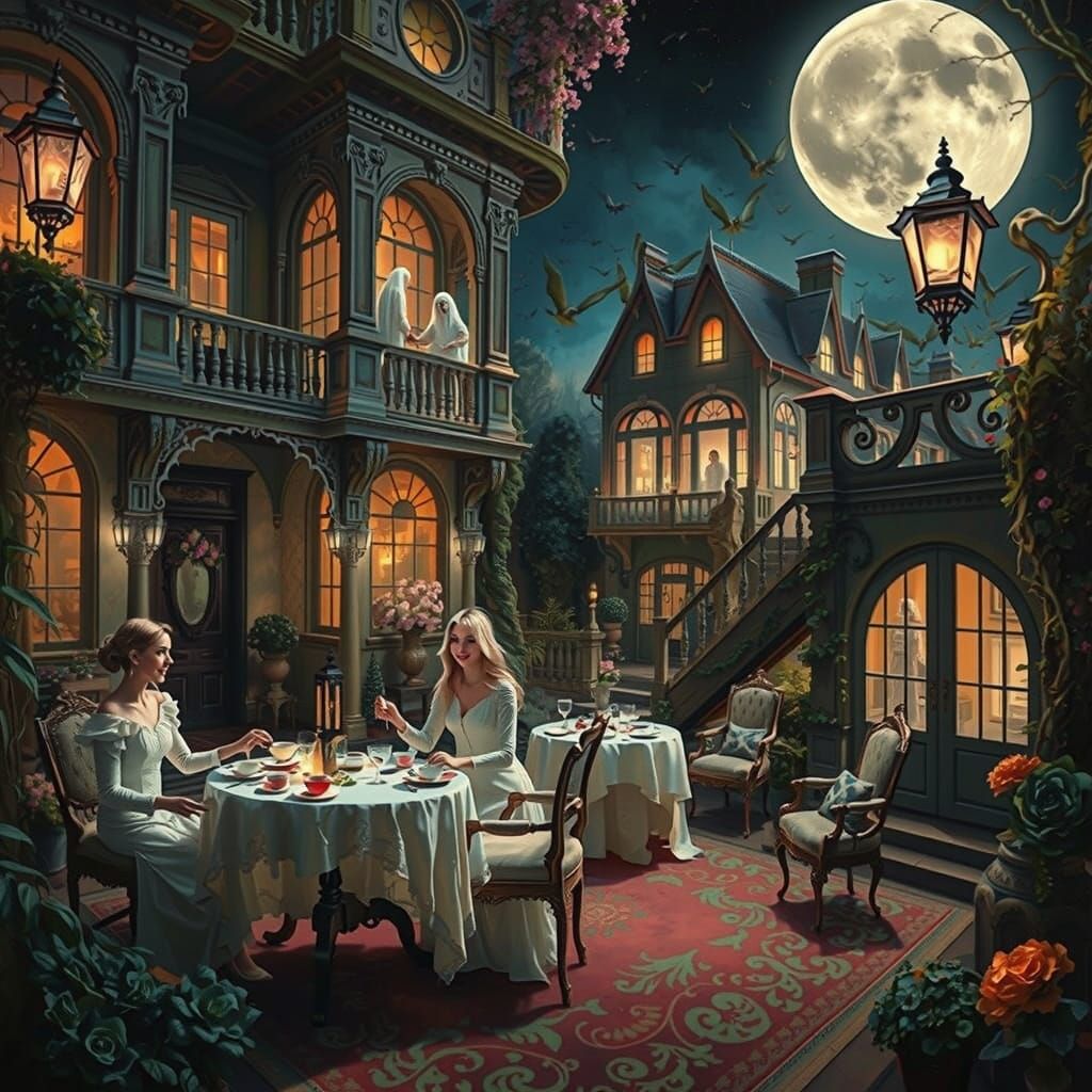 Surreal Whimsy in an Enchanted English Garden at Night