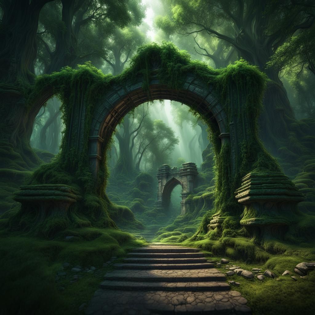 Ancient Forest Spirit Archway in Deep Green Forest