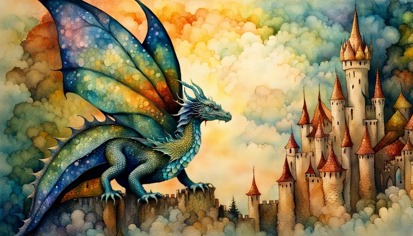 Iridescent Dragon's First Flight in Fairytale Landscape