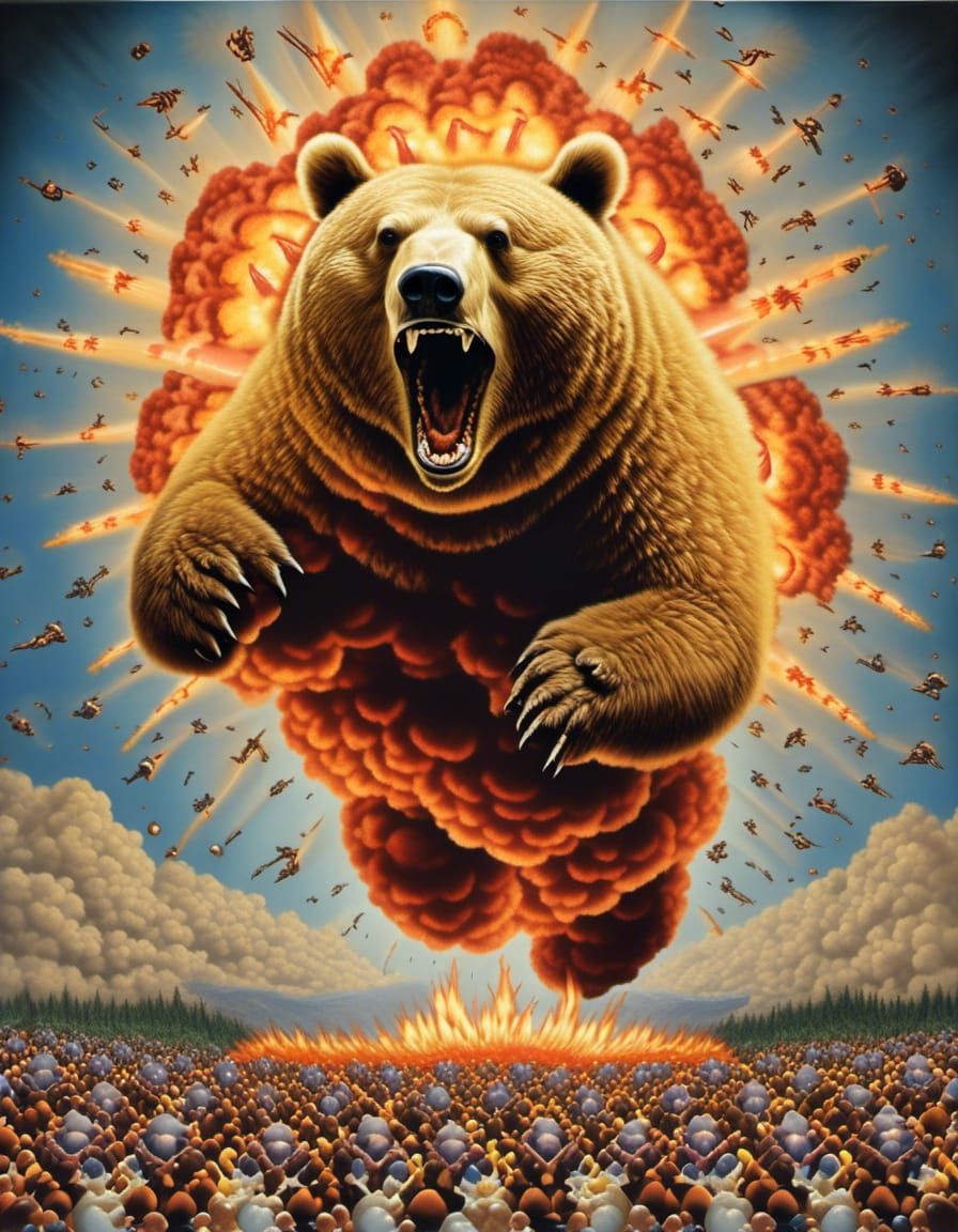 Mind-Blown Bear Portrait with Atomic Explosion Collage