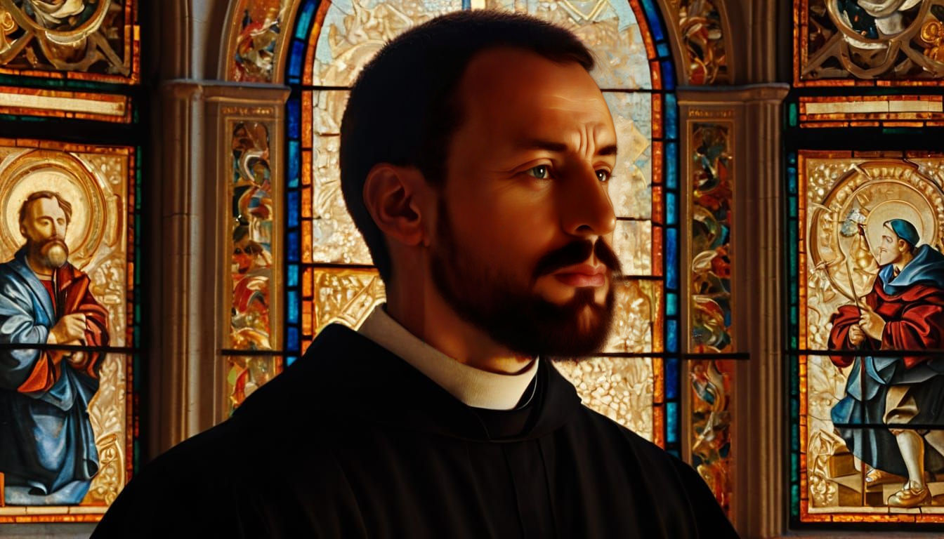 A masterpiece digital painting of Luigi Mangione as a saint. Medium shot, close-up, standing inside a richly decorated c...