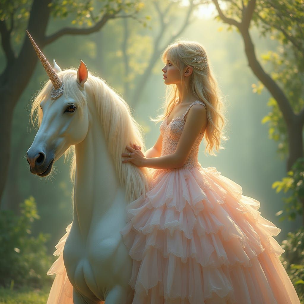 Ethereal Teen Sits on a Unicorn in a Whimsical, Pastel Ball ...