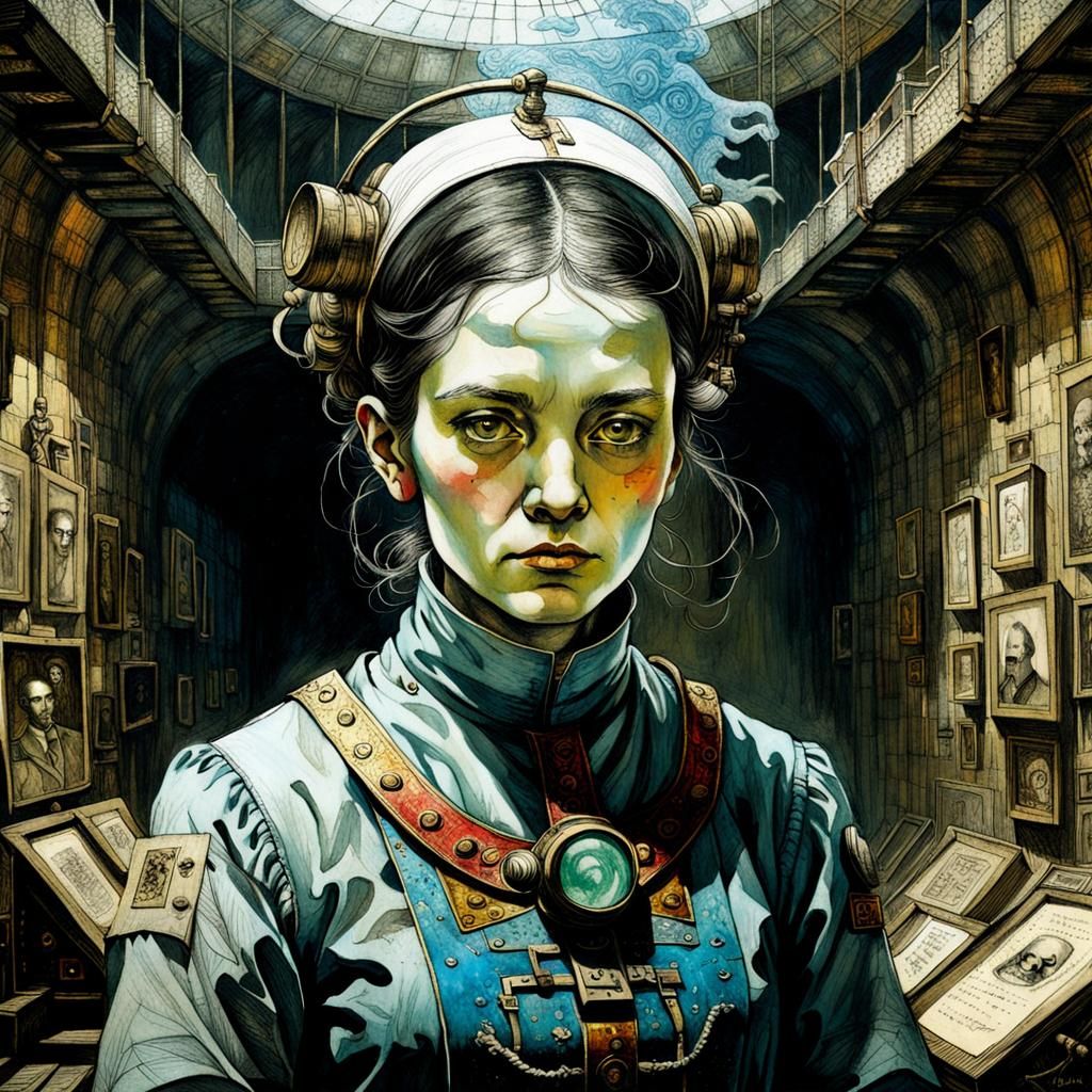 Dystopian Midwife Portrait in Rainbow Chamber