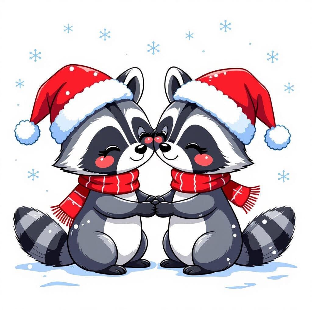 Cute Cartoon Raccoons Share A Kiss in Festive Clipart Style