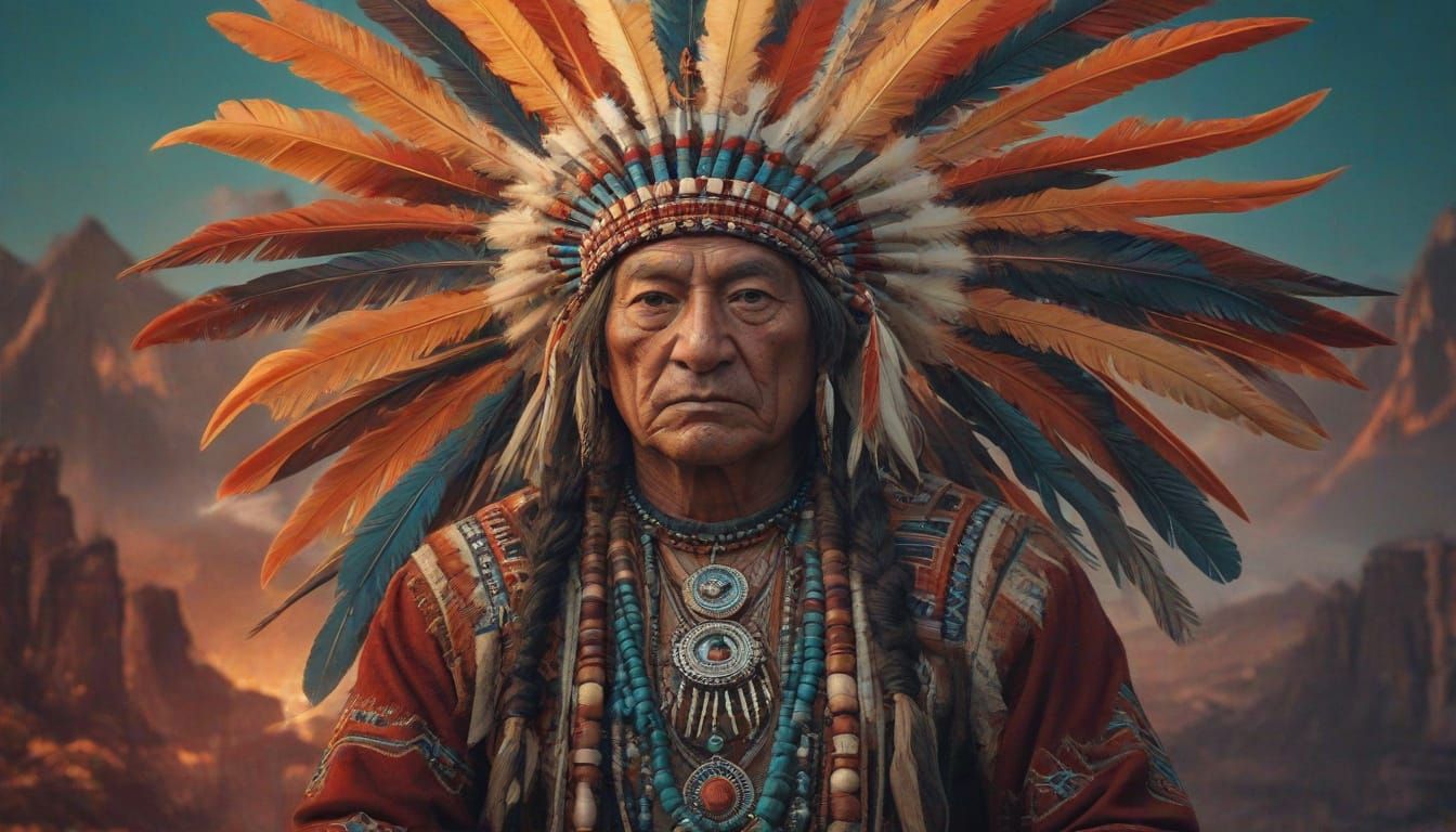 Lakota Leader Sitting Bull in Traditional Regalia with Majes...