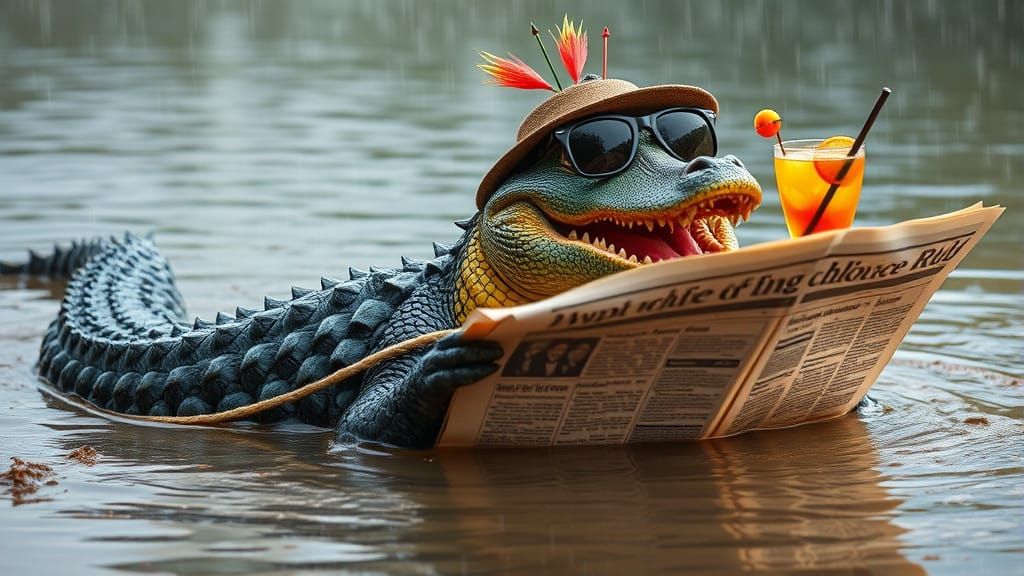 A Rainy Day Scene: Anthropomorphic Alligator Reads Swamp New...