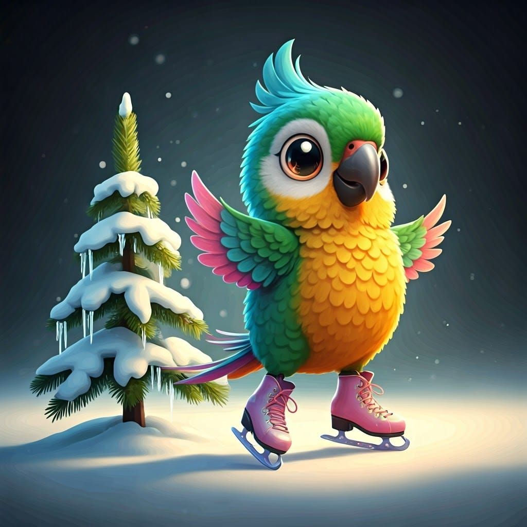 Whimsical Winter Wonderland Parrot Skates Joyfully Around Pi...