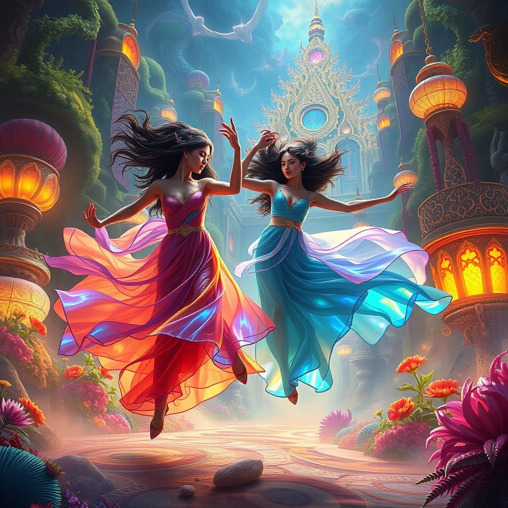 Mystical Women Dance in Vibrant Dreamlike Landscape