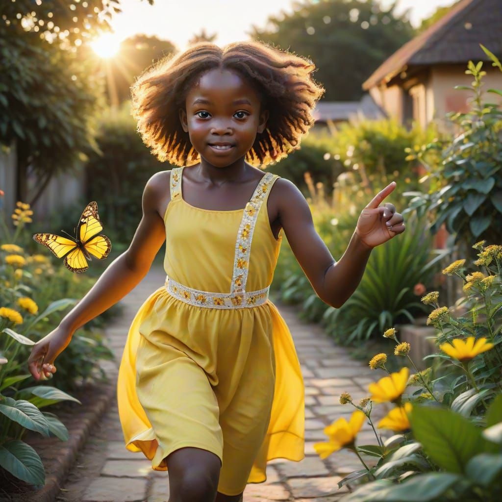 Sunny African Girl Chases Yellow Butterfly in Idyllic Garden