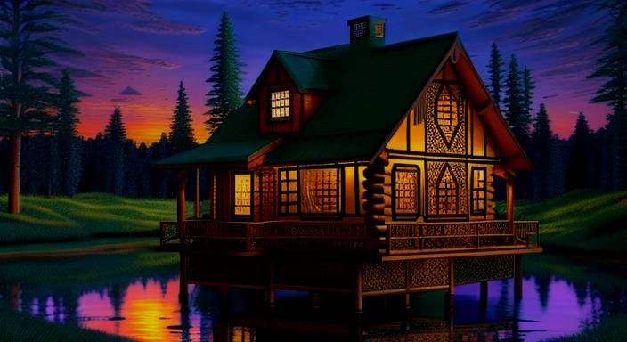 Surreal 3D Sunset Pond Cabin in Mixed Styles