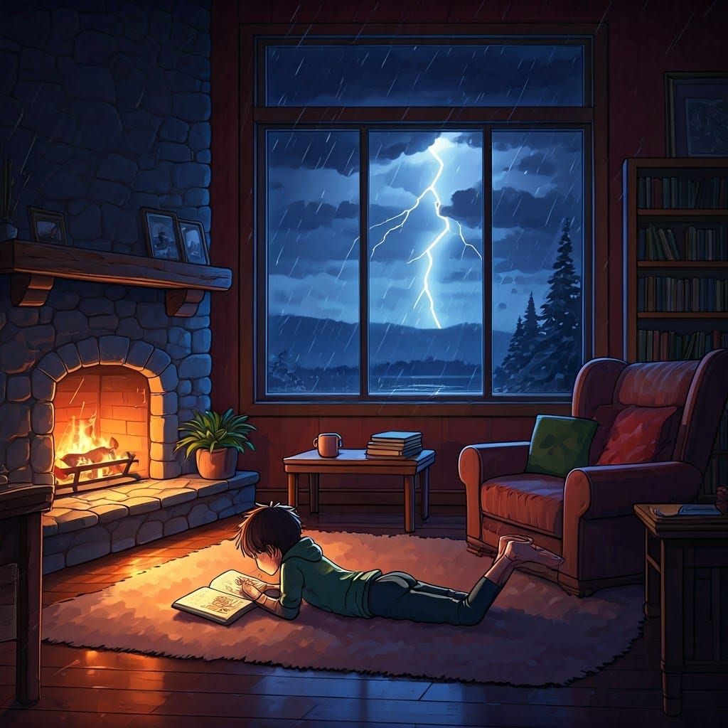 Cozy Anime Child Reading During Stormy Night
