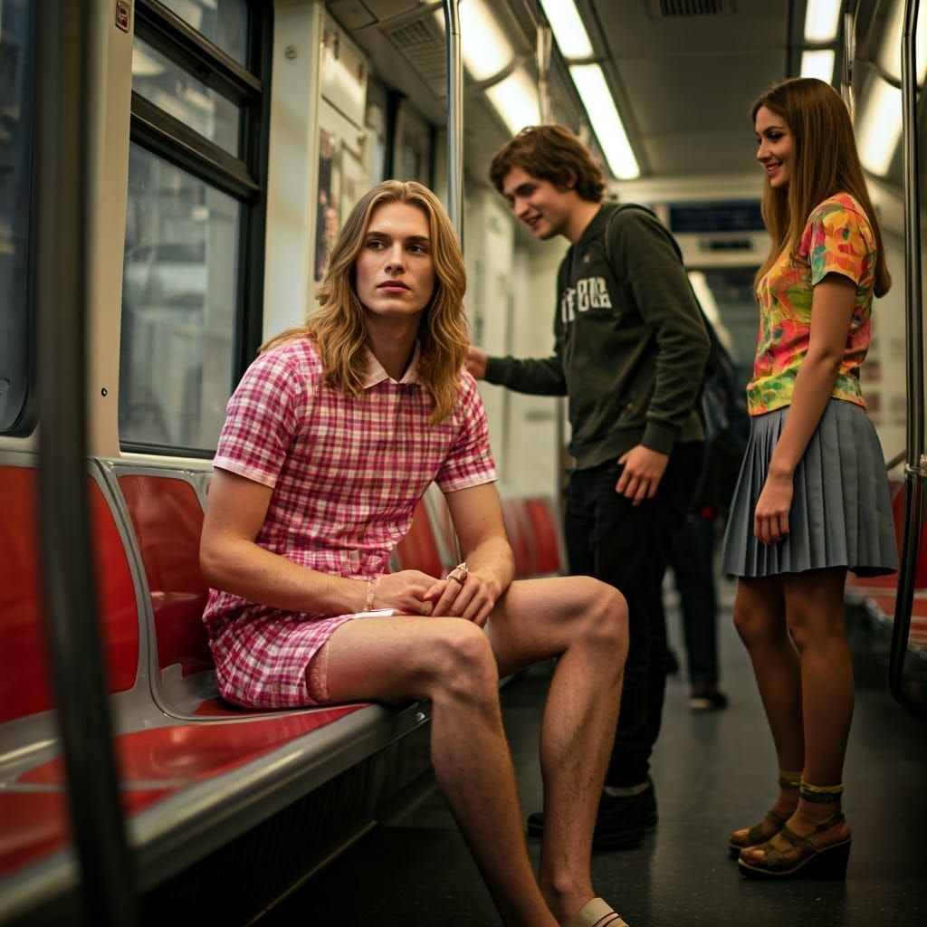 Confident Crossdresser Sits in Metro Car with Girlfriend