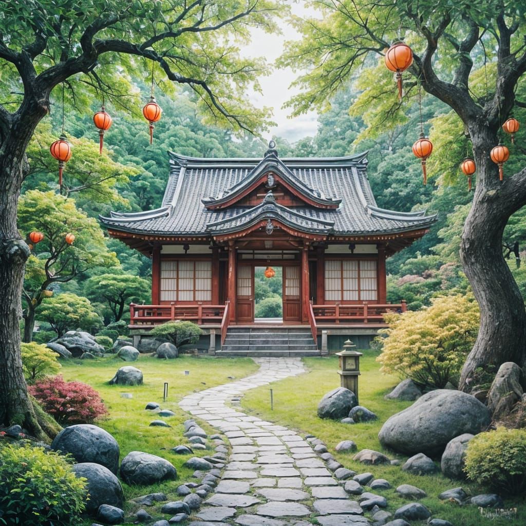 Surreal Japanese Temple in Dreamy Flux