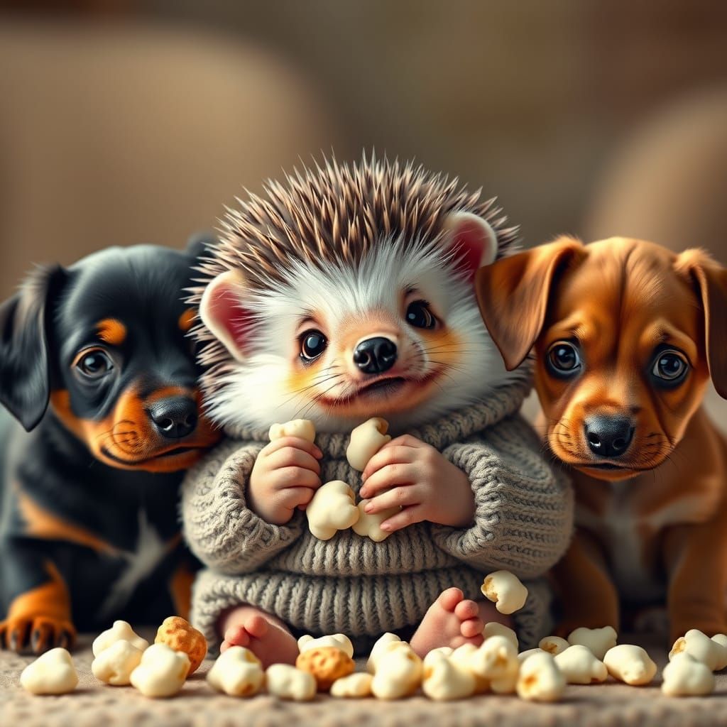 Hedgehog and Puppies Enjoying Popcorn Together