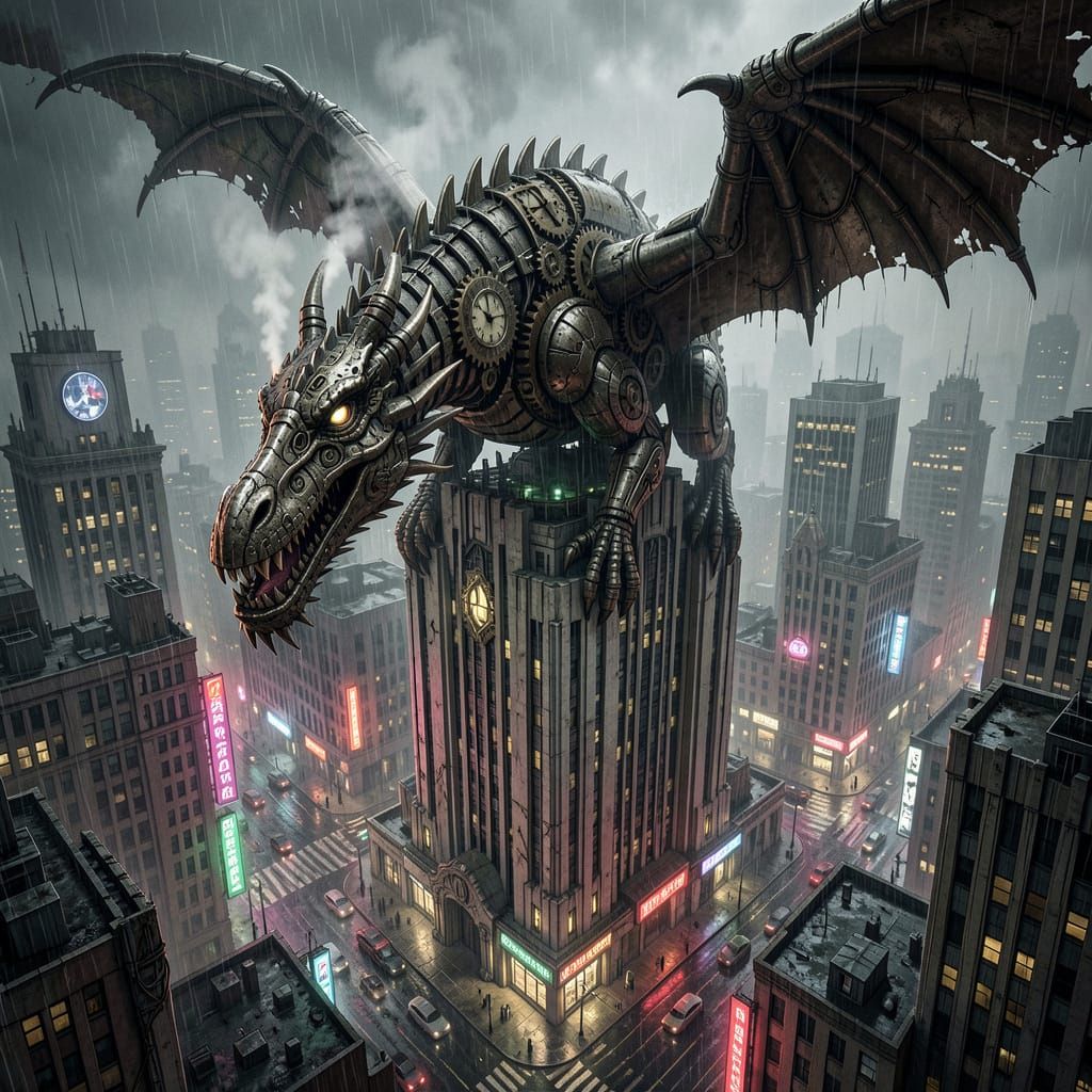 Clockwork Dragon on Art Deco Skyscraper in Noir City