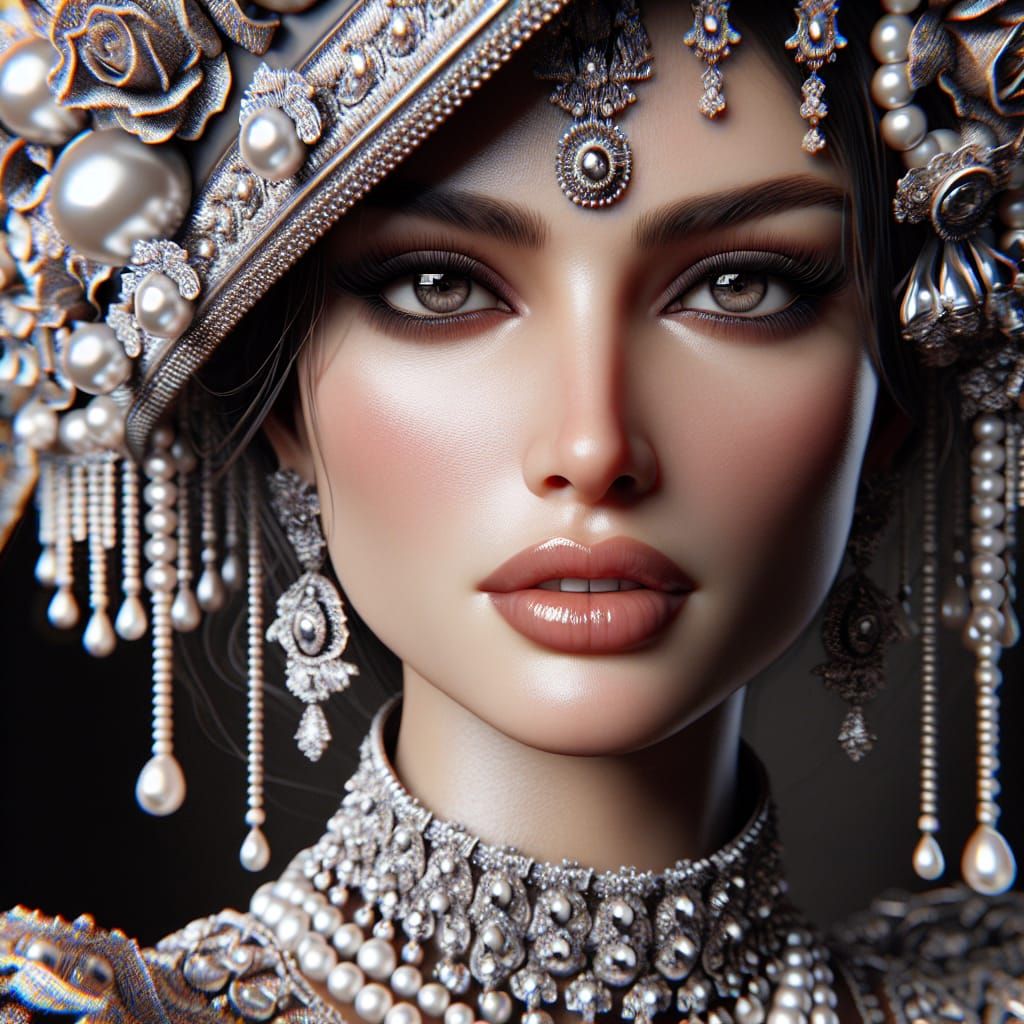 Elegant South Asian Woman Adorned with Pearls and Silver