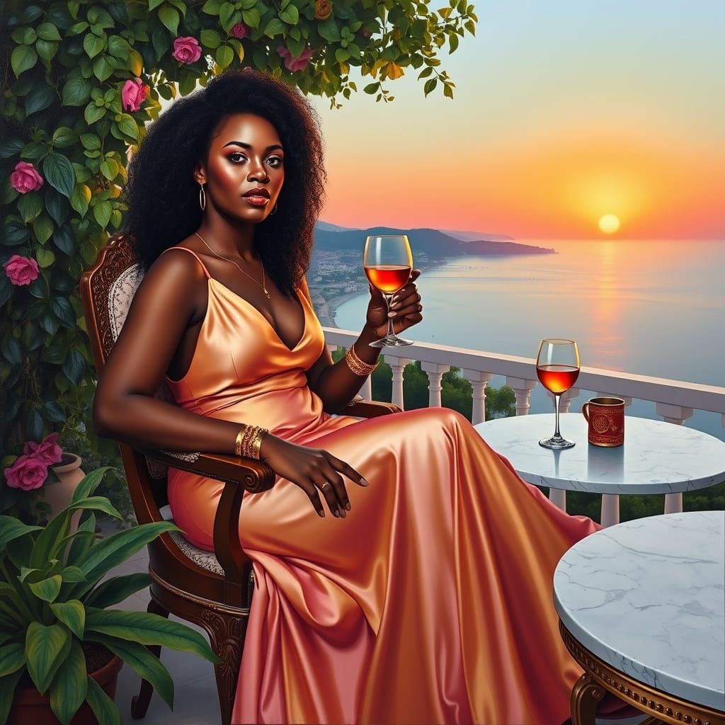 Radiant Woman Overlooking Aegean Sea: Hyper-Realistic Acryli...