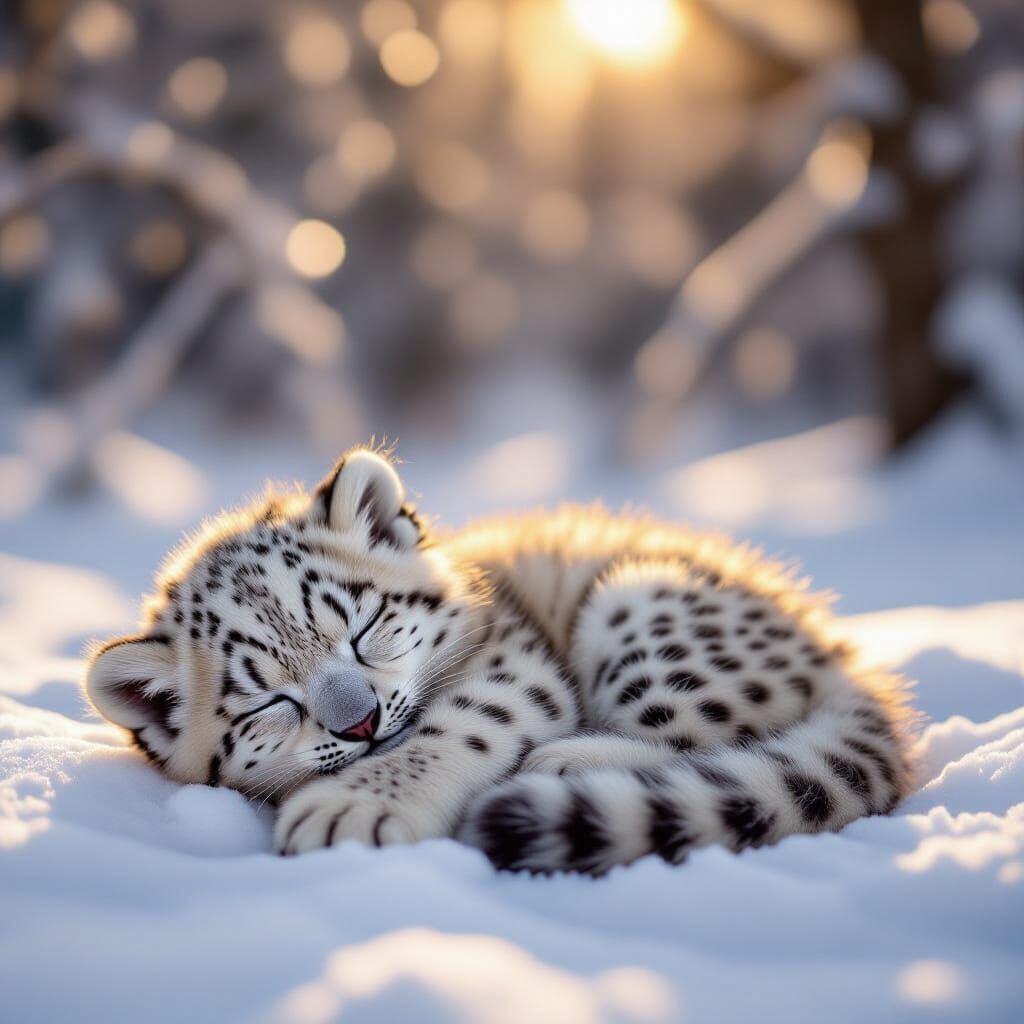 Tiny Baby Snow Leopard Sleeping in Golden Light