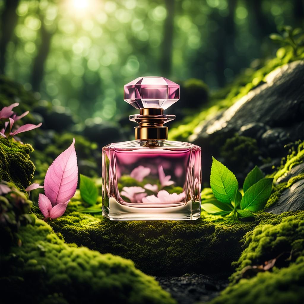 Pink Perfume Bottle on Mossy Rocks, Cel-Shaded Style