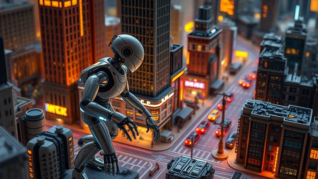 Futuristic Robot Explores Miniature Metropolis in Cyberpunk ...