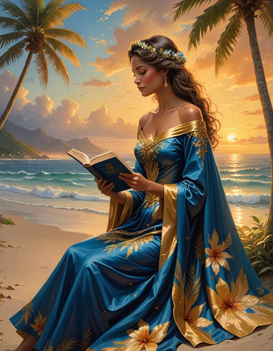 Woman in Elegant Blue Dress Reads on a Tropical Beach