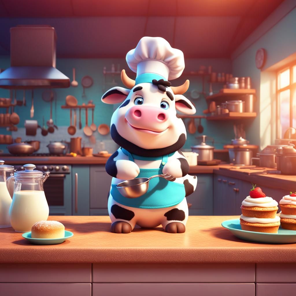 Cow Baking Cakes: 3D Digital Art