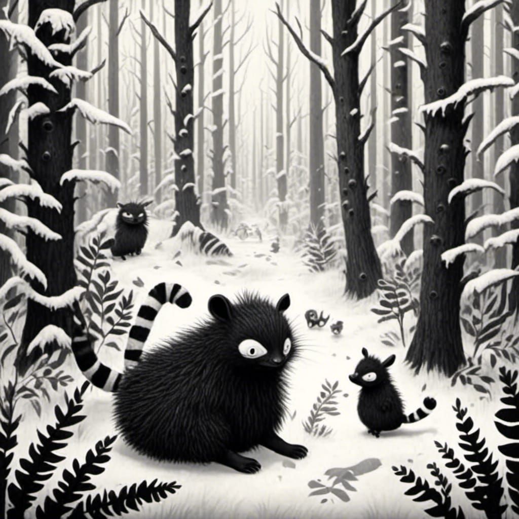Cute Black Creatures in White Forest Illustration