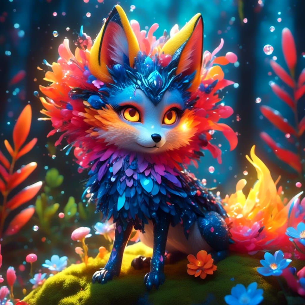 Fluffy Fireglow Fox Flower Creature in Matte Painting Style