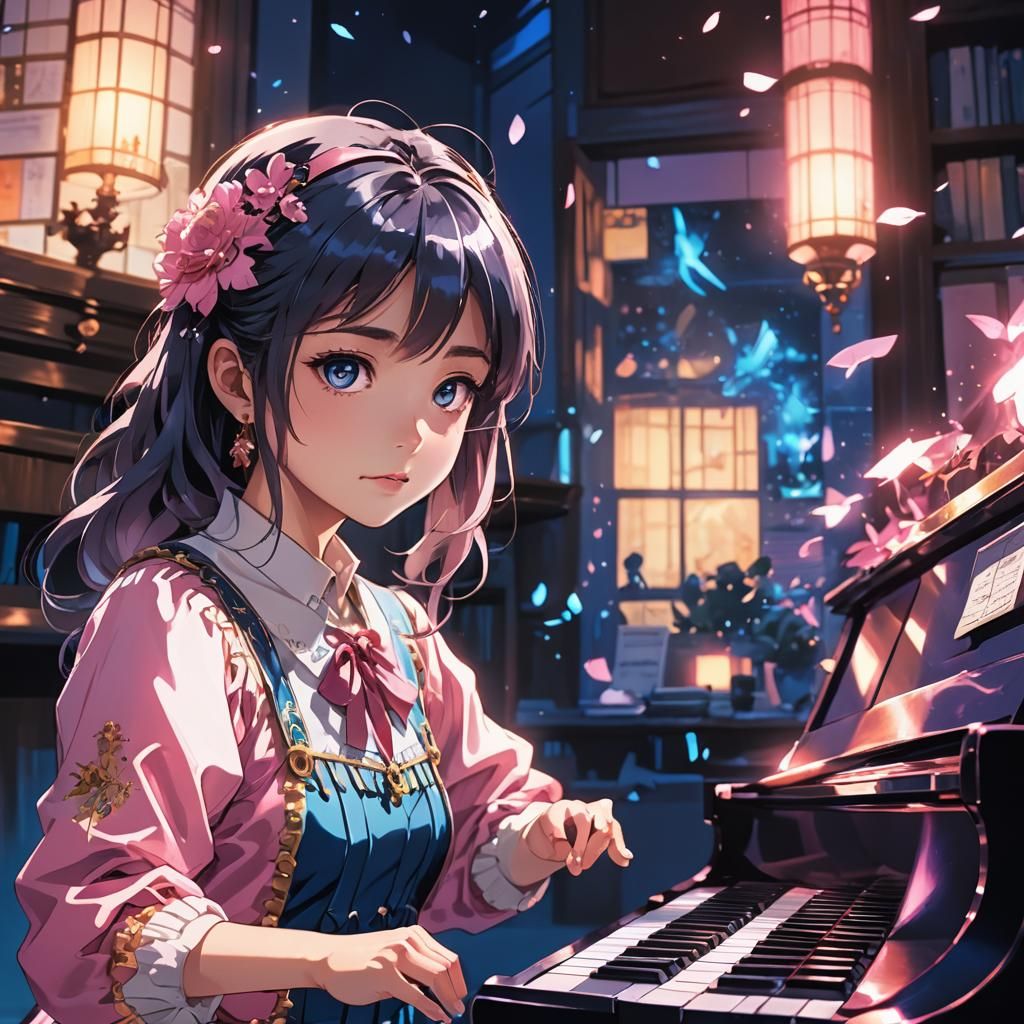 Anime Girl Plays Piano in Manga Style